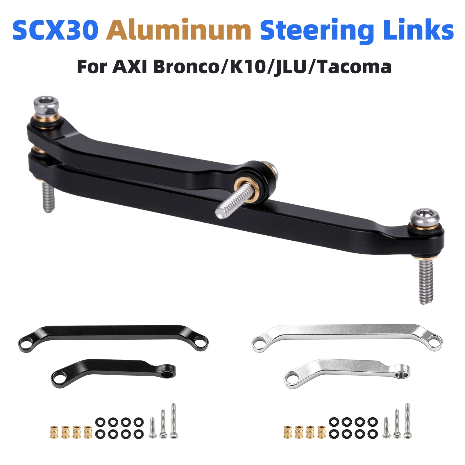Acekeeps Aluminum Steering Links 2Pcs 39mm for Axial SCX30 1/30 RC Crawler Bronco K10 JLU Tacoma Brass Bushings Black Silver