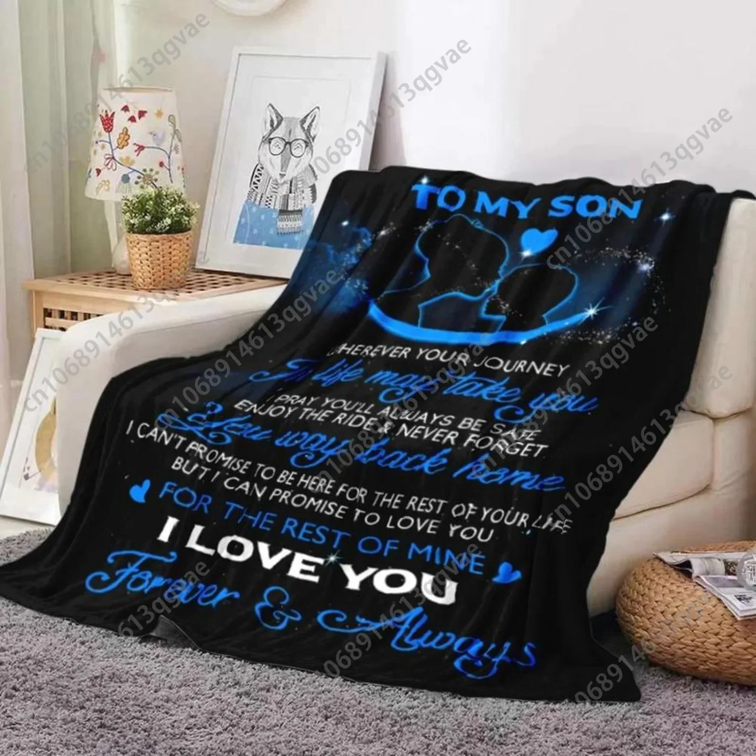 Son Themed Letter Print Blanket 1 Count Soft Warm Blanket For Sofa Bed Air-conditioned Room Camping Travel
