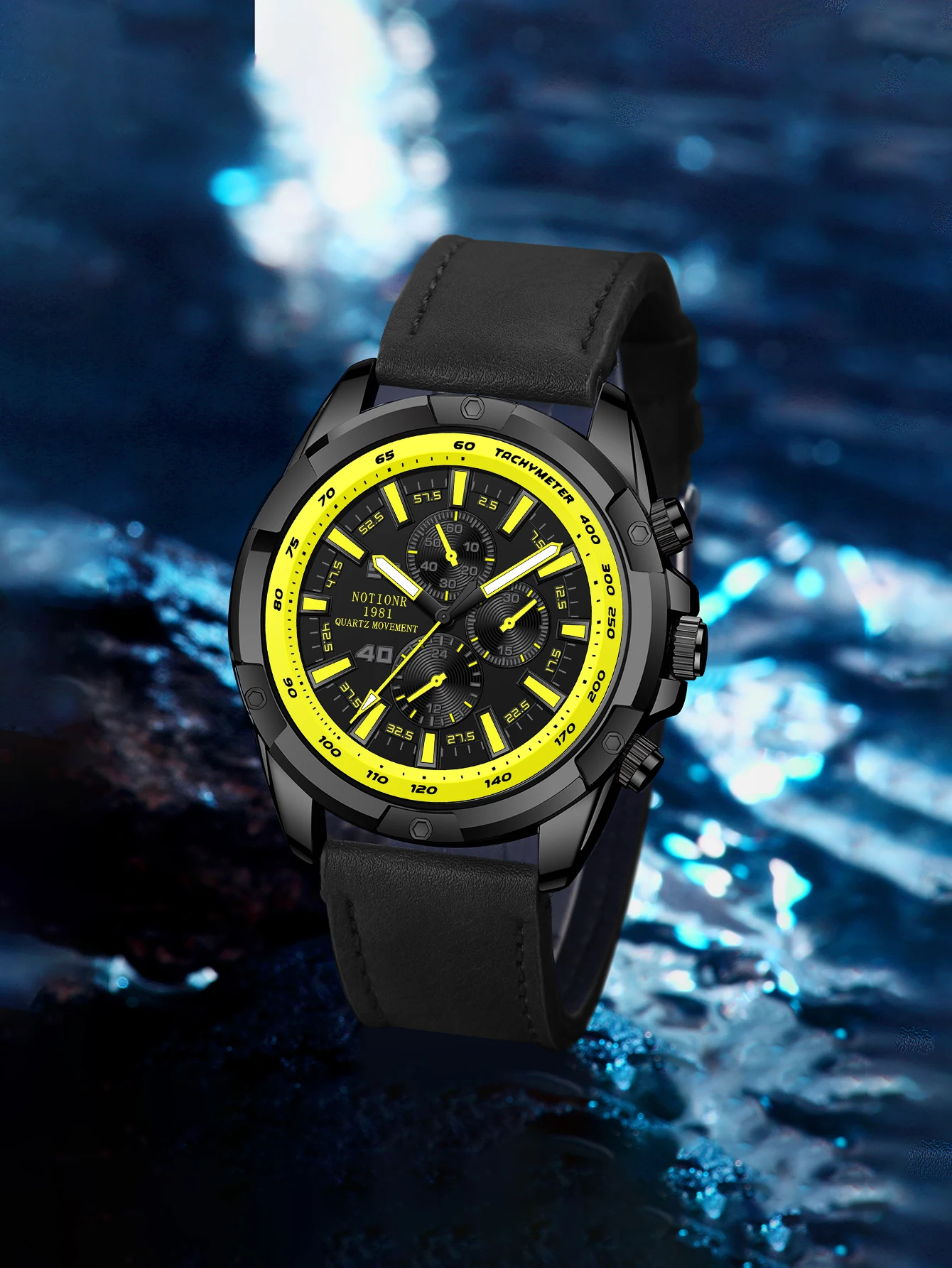 NOTIONR Men\'s All Carbon Black Strap Watch Men\'s Fake Three Eye Stainless Steel Watch Sports Waterproof Watch Reloj Hombre