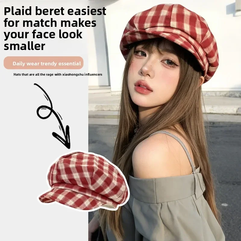 Women Retro Plaid Beret Autumn College Painter Hat Large Head Circumference Face Slimming Cloud Octagonal Cap