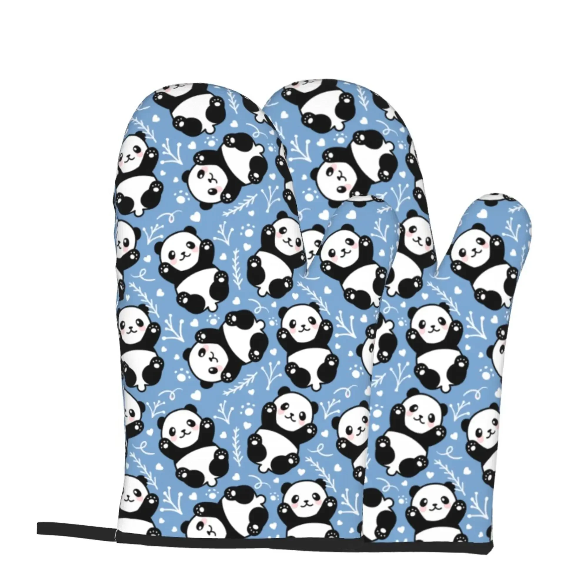 Panda Cute Blue Heat Resistant Gloves Oven Mitts Gloves Kitchen Decor Heat Resistant Pot Holders Set for Cooking Baking BBQ 2pc