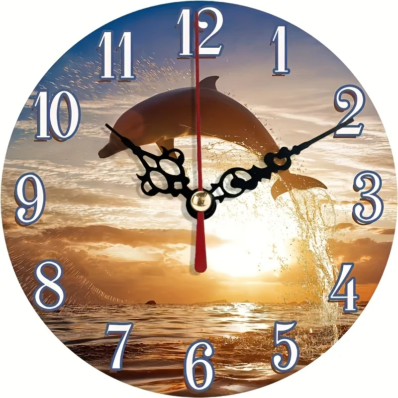 

Vintage Sunset Dolphin Wall Clock Animal Print Pattern Perfect for Kitchen, Office, Living Room- AA Battery Not Included