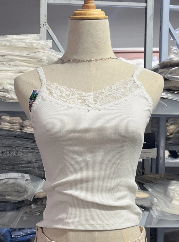 Sweet Solid Lace Trim Y2k Crop Top Casual White Ribbed Cotton Sleeveless Summer Camis Women Vintage Cute Slim Tank Tops 2023