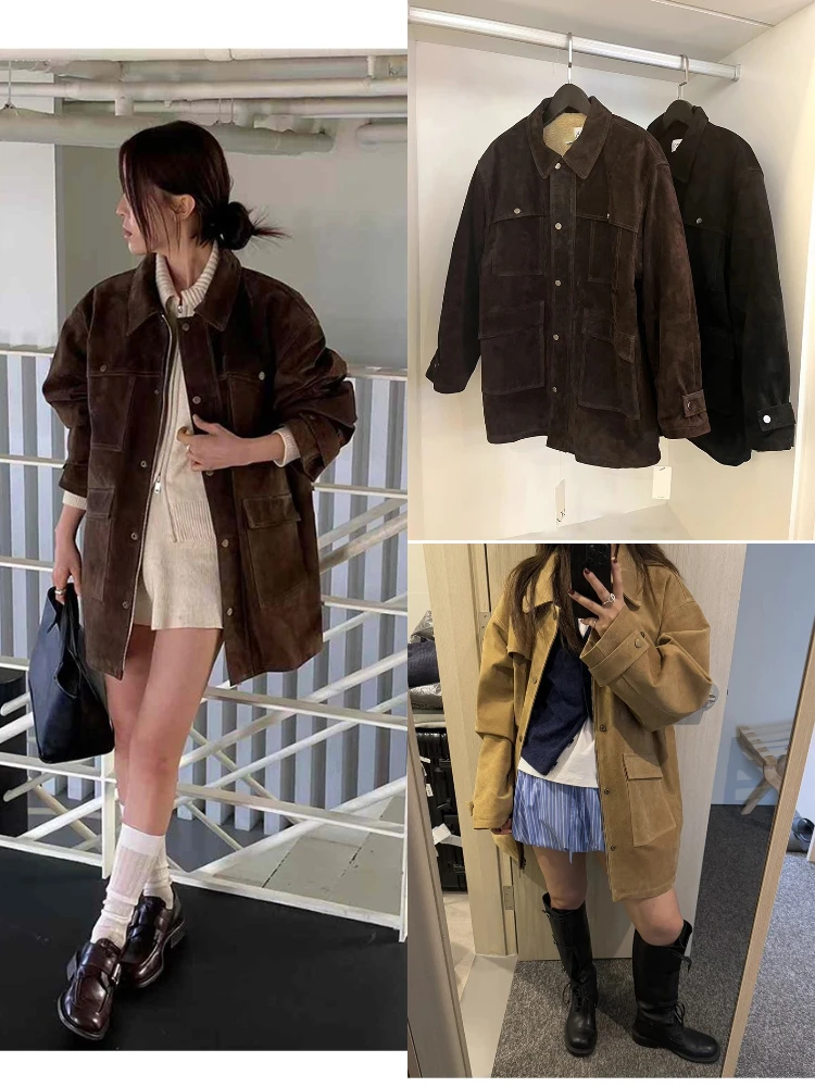 

Suede Jaet Women's Mid-Length Loose Collar Vintage Workwear Sle Coat Autumn Dongda Gate Deer Skin Windbreaker Outerwear
