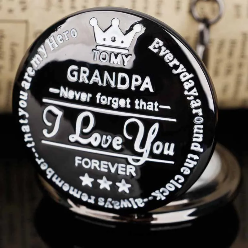الرجال الكلاسيكية تاج "Love Grandpa Forever" ساعة جيب سوداء قلادة قلادة هدايا للرجال Reloj De Bolsillo Antiguo