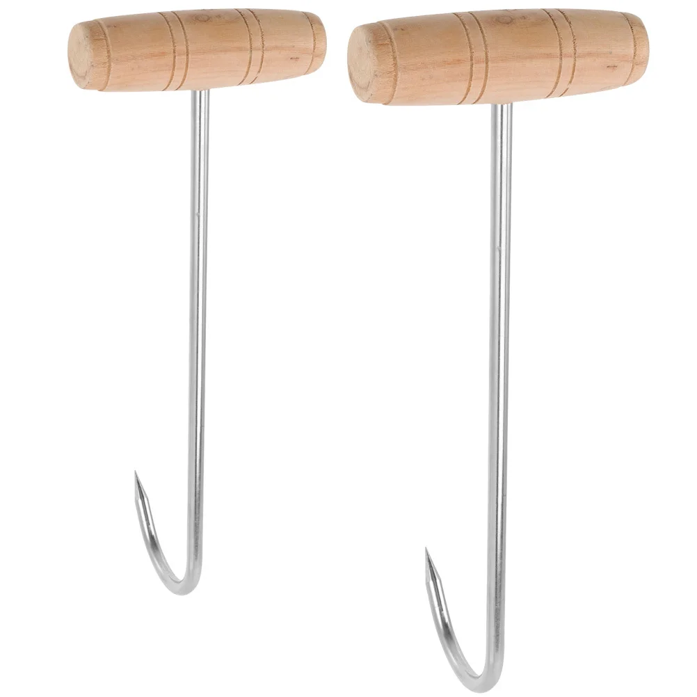 

2Pcs Meat Hook T Shaped Stainless Steel with Wood Handle Butcher Supplies Bbq Grill Meat Hook T Hooks for Hanging