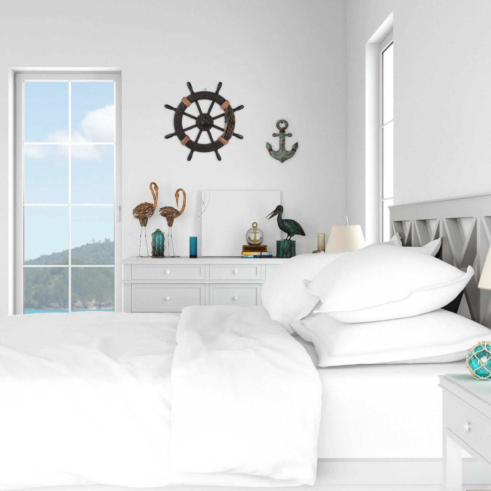 

Vintage Ship Rudder Wall Decor Blue and White Wooden Hanging Adornment for Home Hotel Decorative Rudder Adornment