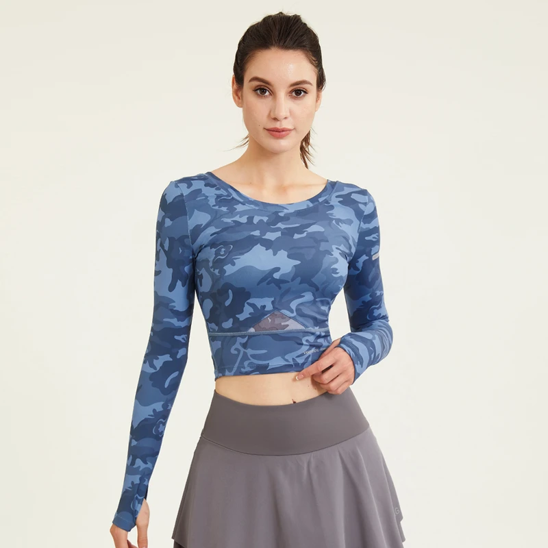 Women Camouflage Yoga Shirt Mesh Breathable Back Tops Running Long Sleeve Blouse Workout Gym Tie Dye T-Shirt With Thumb Holes