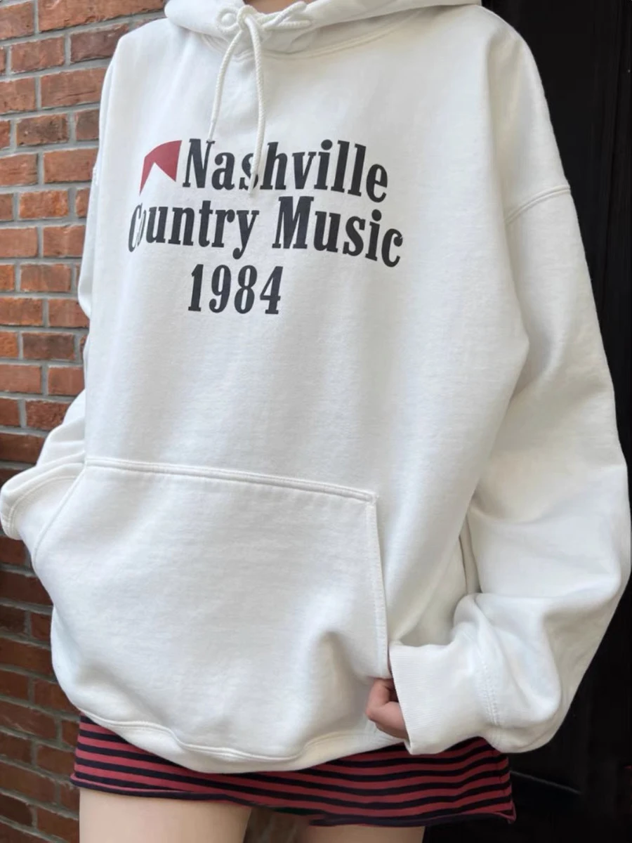 

Белые махровые толстовки с капюшоном и буквенным принтом, женские пуловеры с длинными рукавами и карманами на шнурке, осенняя уличная одежда, повседневные свободные толстовки