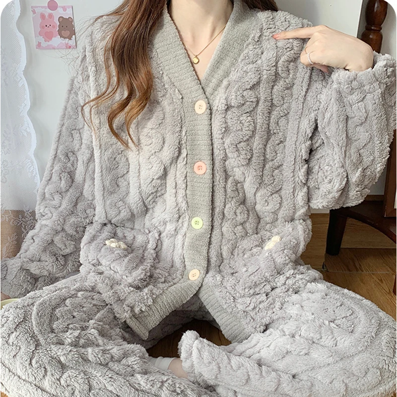 New Thickened Coral Fleece Sleepwear Women Pajamas Set Winter Velvet 2 Pieces Homewear Suit Fluffy Korean Warm Night Wear