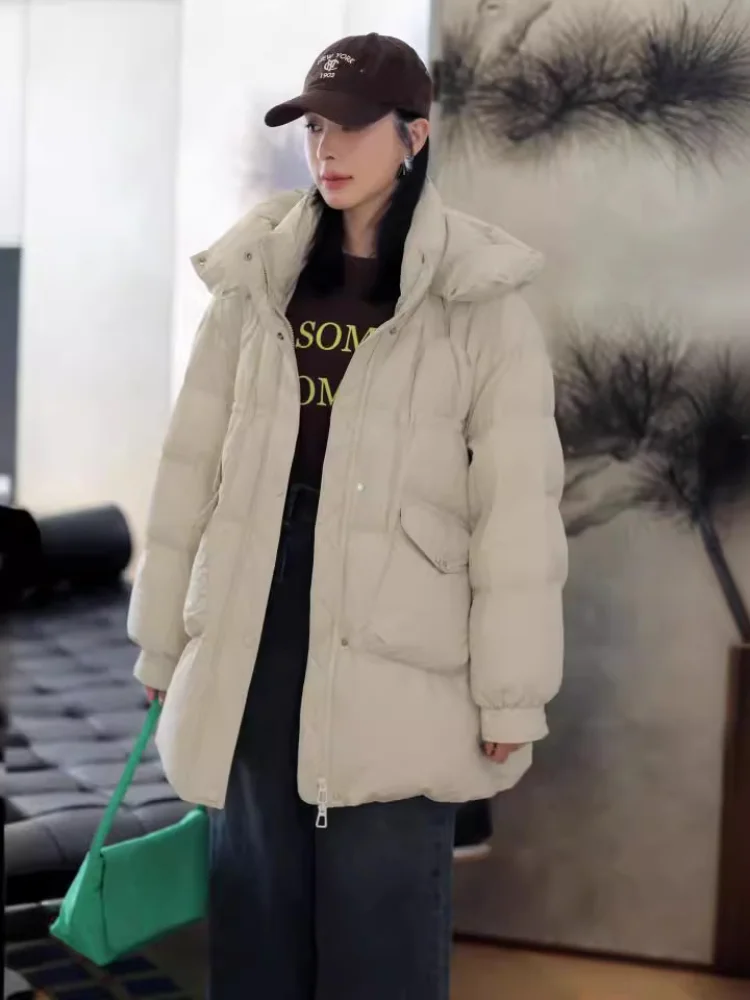 White Duck Down Jacket for Women, 90% Duck Down, Thickened, Warm, Monochromatic, Medium-length, Female Jackets, 2024 Winter