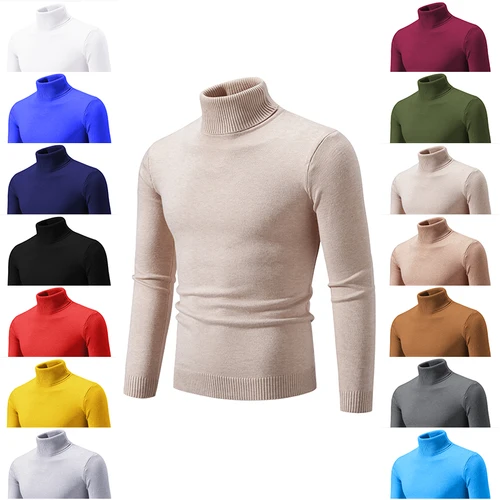 Imagen 1 del producto 2024 Otoño/Invierno Jersey nuevo de los hombres de cuello alto elástico fino de punto Color sólido Casual versátil Top apretado y cálido