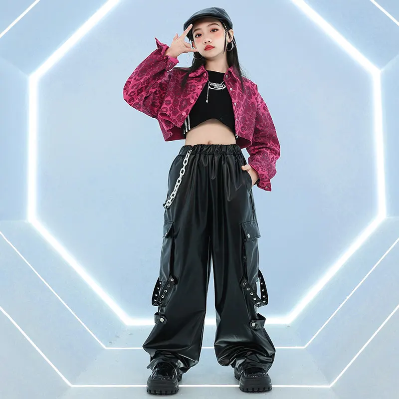 Mädchen K-Pop Leopard Crop Top Hemd Cargo Hosen Kinder Hip Hop Jacke Street Dance Kleidung Sets Kinder Teenager Jazz coole Kostüme