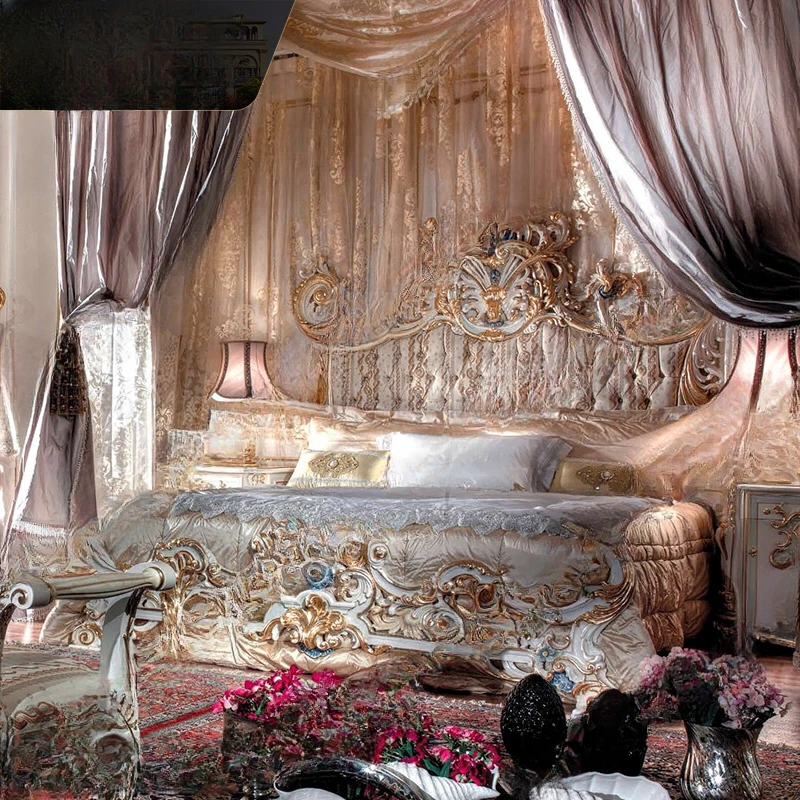 

European solid wood double bed, French court carved wedding bed, 1.8m Italian villa painted fabric princess bed