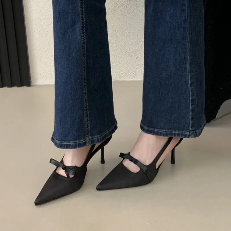 

Aneikeh Spring Elegant Fashion High Heel Bow Satin Sandals Stiletto Heel Women Banquet Prom Dress Party Back Strap Single Shoes