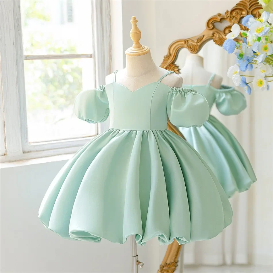Kids Satin Princess Dress Off Shoulder Spaghetti Strap Puffy Bubble Hem Girls Birthday Baptism Wedding Guest Formal Dress ASQ03