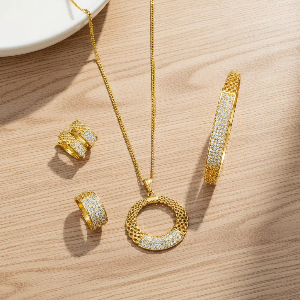 

New European Dubai Fashion 24K Gold Plated Necklace Earrings Rings Bracelets Exquisite Engagement Party Jewelry Set for Lovers