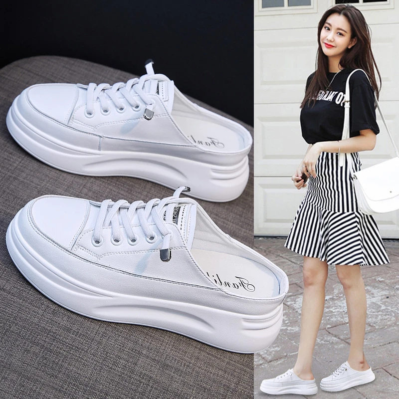 

White Platform Mule Sneakers Slip On Backless Thick Sole Height Increasing Casual Shoes Lightweight Non Slip Breathable Fashion