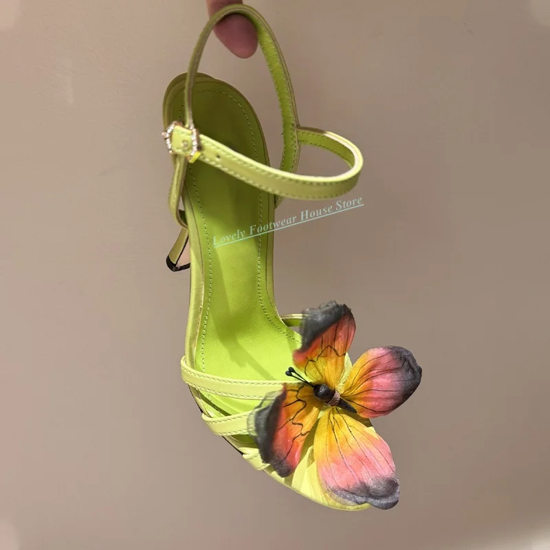 

Beautiful Butterful Flower Decoration Woman Thin High Heel Sandal Shoes Buckle Unckle Strap Female Yellow Blue Sandal Shoes