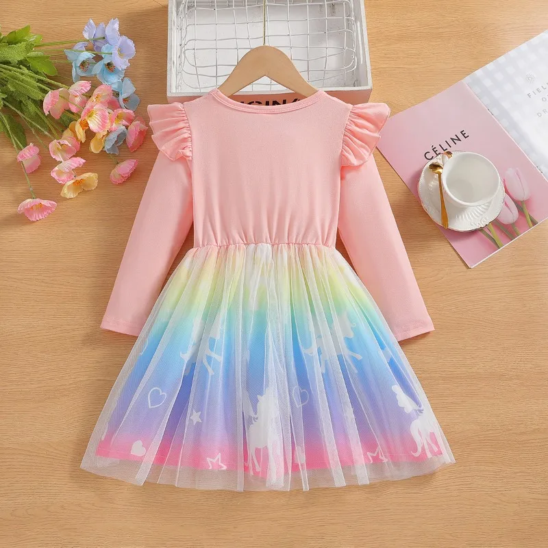 Dress For Kids 2-7 Years old Cute Cartoon Unicorn Ruffled Colorful Tulle Sleeve Princess Dresses Ootd For Baby Girl