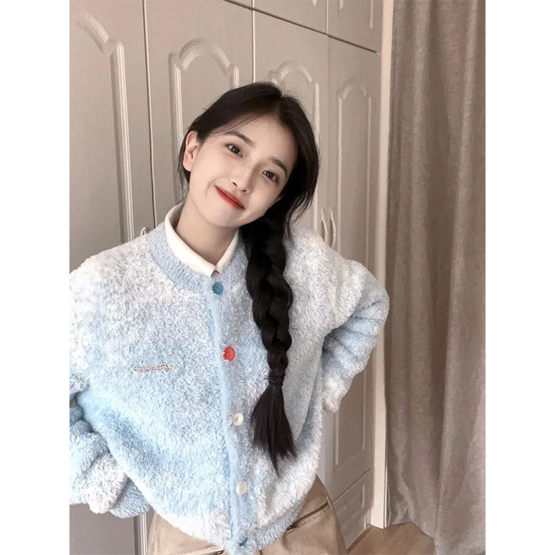

Women Autumn Winter Casual Fashion Button Solid Color O-neck Knitting Women Clothing All-match Waterproof Mink Loose Cardigan