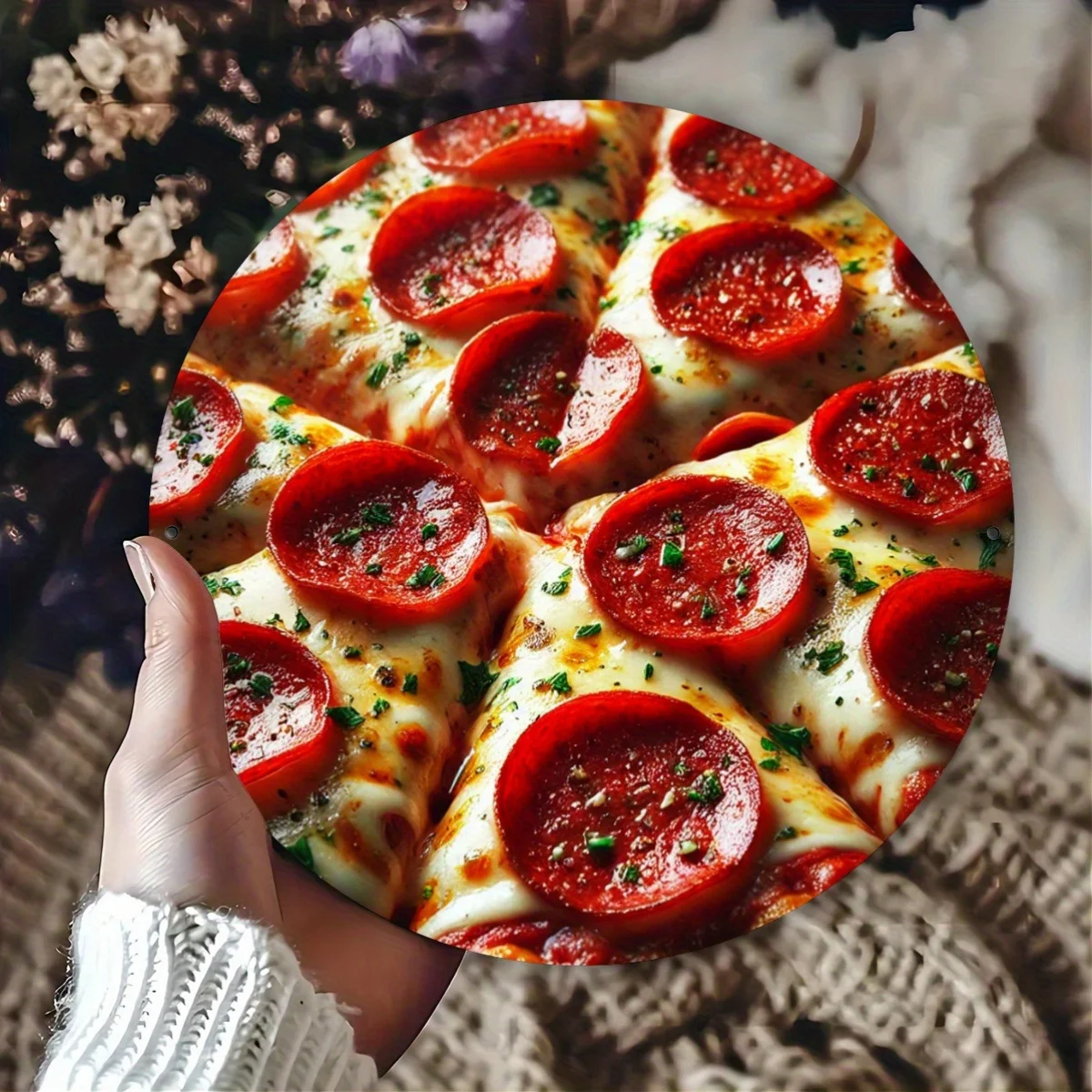 1pc Round Metal Sign with HD Pizza Print, 7.8 Inch Diameter, Iron Major Material, Novelty Hip Garden Decor, Vintage Signage Idea