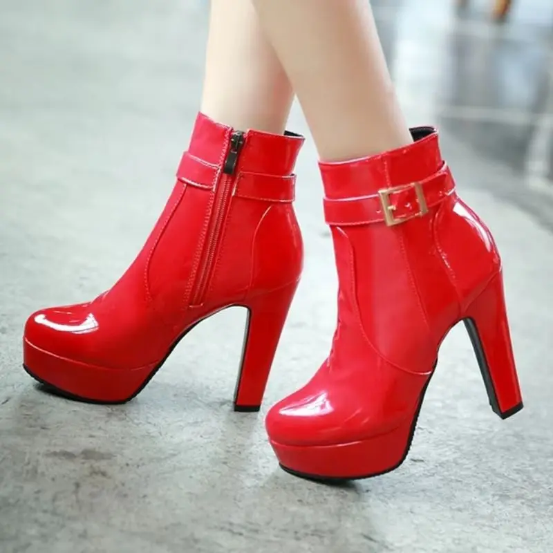 

Женские ботильоны на платформе, лакированная вечерние танцевальная обувь, черные, красные модные осенне-зимние мотоциклетные короткие ботинки на высоком каблуке, женские