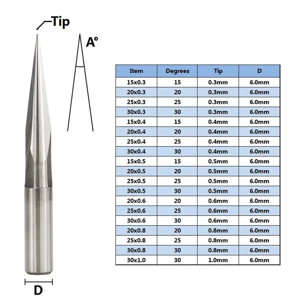 1pc 6mm Rod 15/20/25/30 Degrees V Shape End Mill Tip 0.3-1.0mm 2 Flute Cnc Carving Bit Wood Pvc Acrylic Engraving