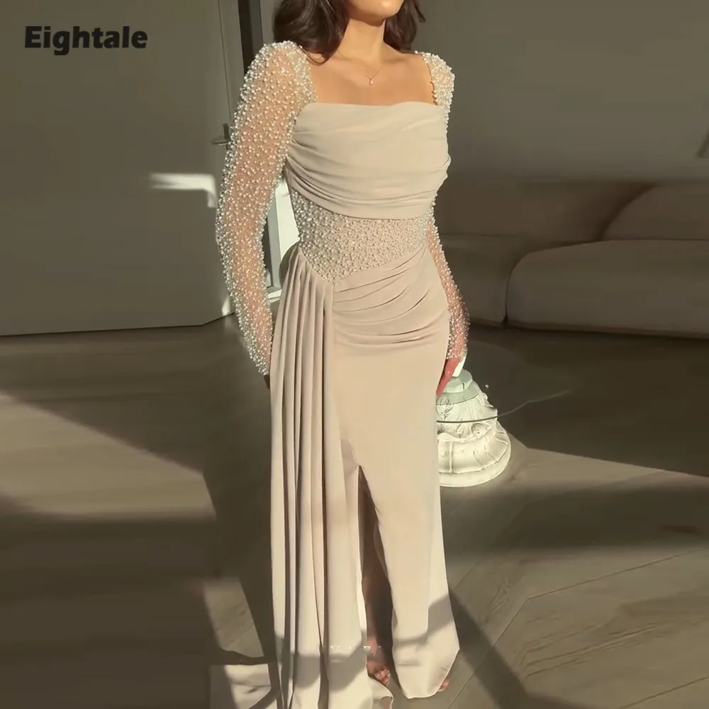 

Eightale Arabic Evening Dresses Strapless Pearls Long Sleeves Satin Formal Customized Mermaid Prom Party Gowns for Wedding