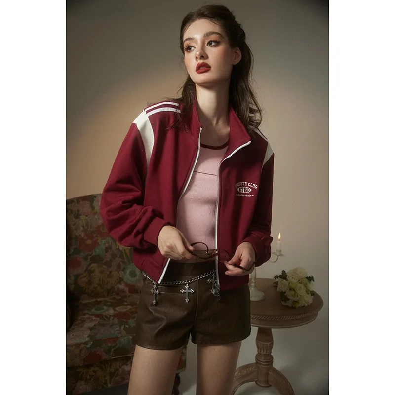 NXXTRESS Y2K American Retro Baseball Clothes Spring and Autumn New Loose Black and Red Matching Color Jacket Lovers Short Coat