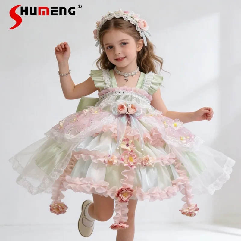 

Платье «Цветочная фея» для девочек, новинка 2026 года, на день рождения, в стиле Лолита, милое, без рукавов, с тюлевой юбкой, на бретельках, для отпуска