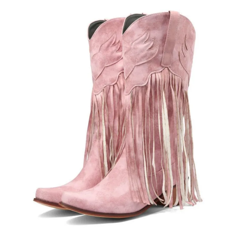 

Женские ковбойские сапоги до середины икры, кожаные высокие ботинки в стиле ретро с кисточками в стиле вестерн, зимние ботинки на массивном каблуке с острым носком, модная женская обувь
