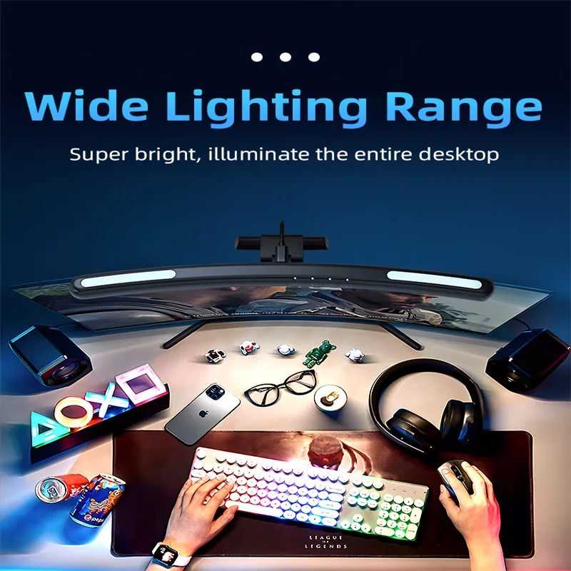 Curvo LED Monitor Light Bar, RGB Computer Screen Lamp, Escurecimento Stepless, Backlight Hanging, Laptops Gaming, Gamer Iluminação do escritório