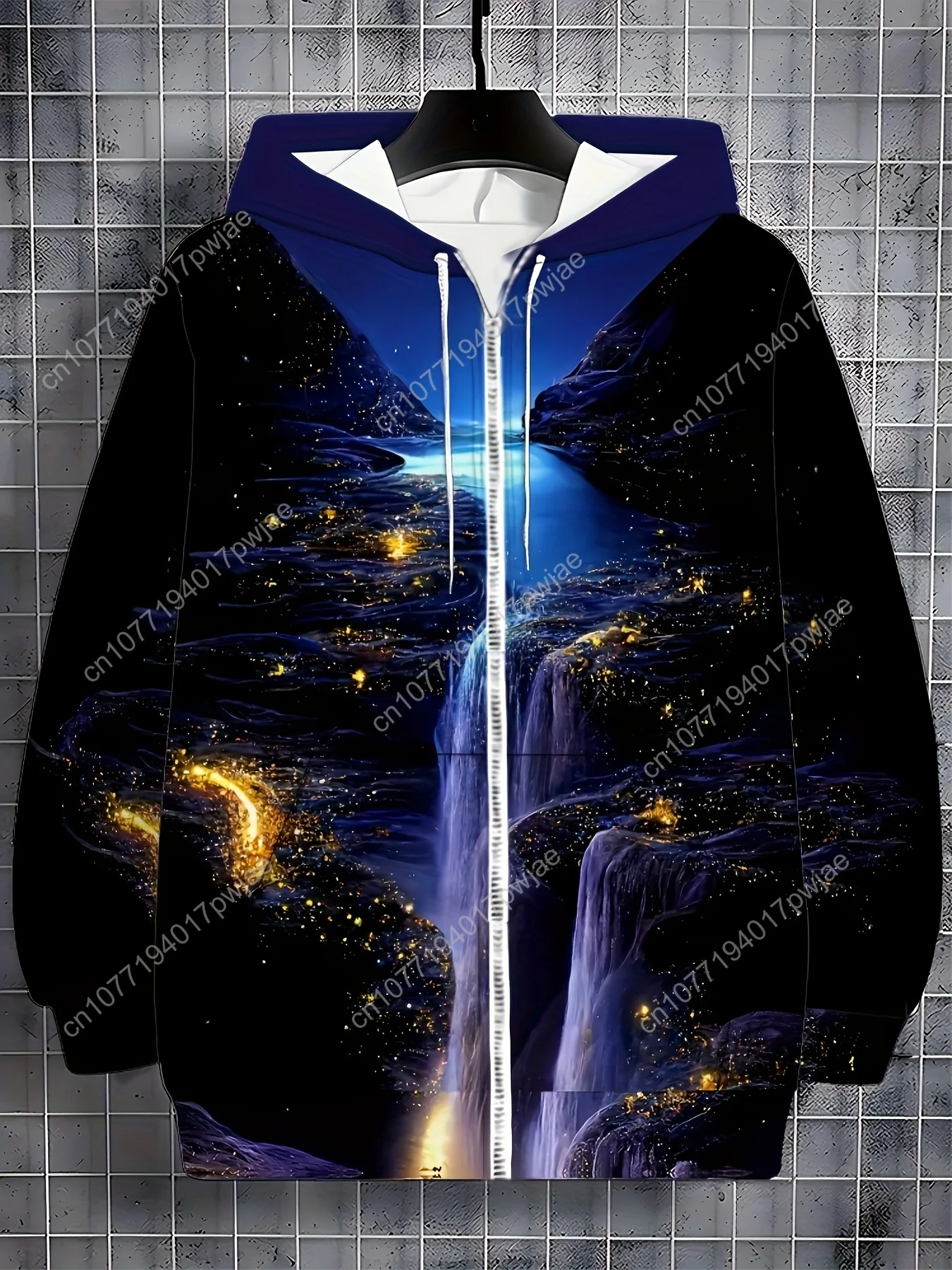 Men'S Dreamy River Print Hoodie - Long Sleeve Zip-Up with Drawstring, Pockets, Casual Outdoor Jacket for Fall & Winter, Autumn W