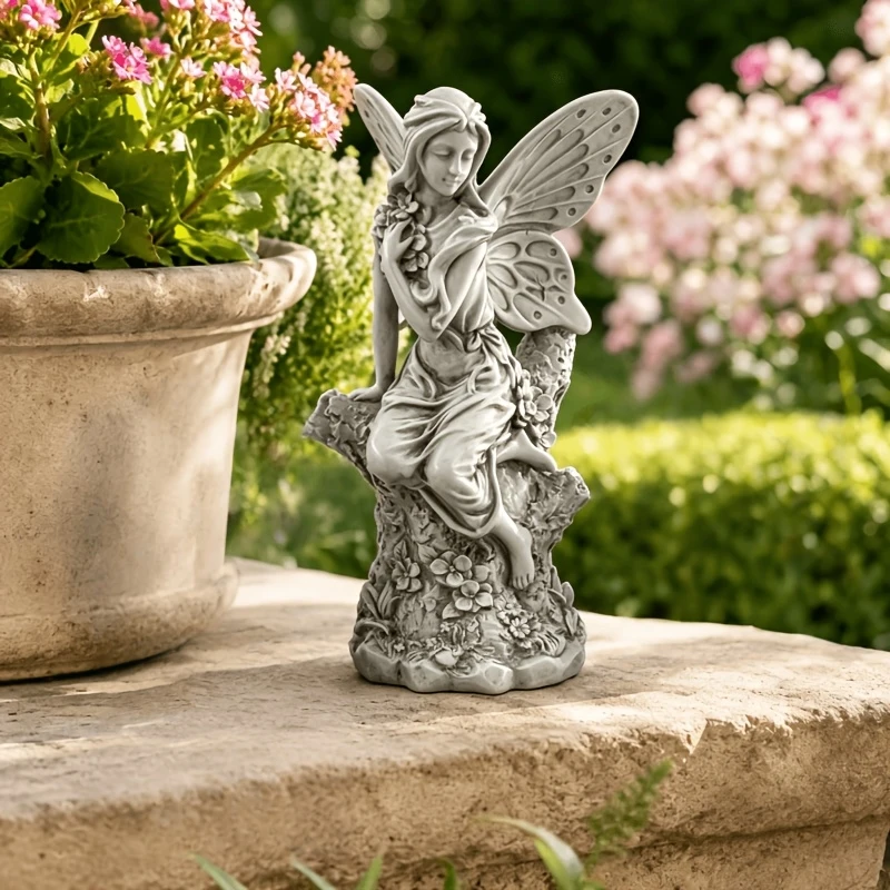 Tree Stump Fairy Resin Statue Grey Vintage Stone Texture Outdoor Garden Ornament
