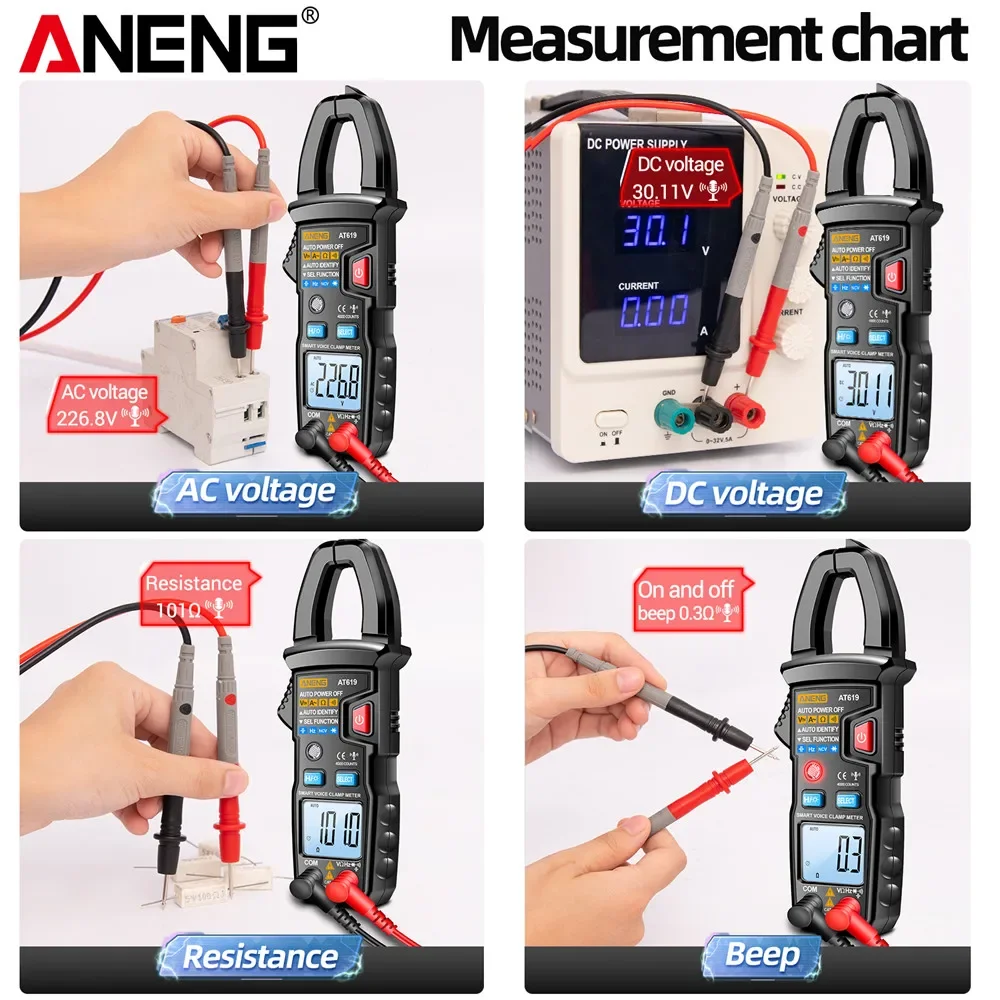 Imagem -06 - Clamp Meter ac Current Voice Broadcast Multímetro Amperímetro Voltagem Tester Carro Amp hz Capacitância Ncv Ohm Tester Ferramentas Aneng-at619