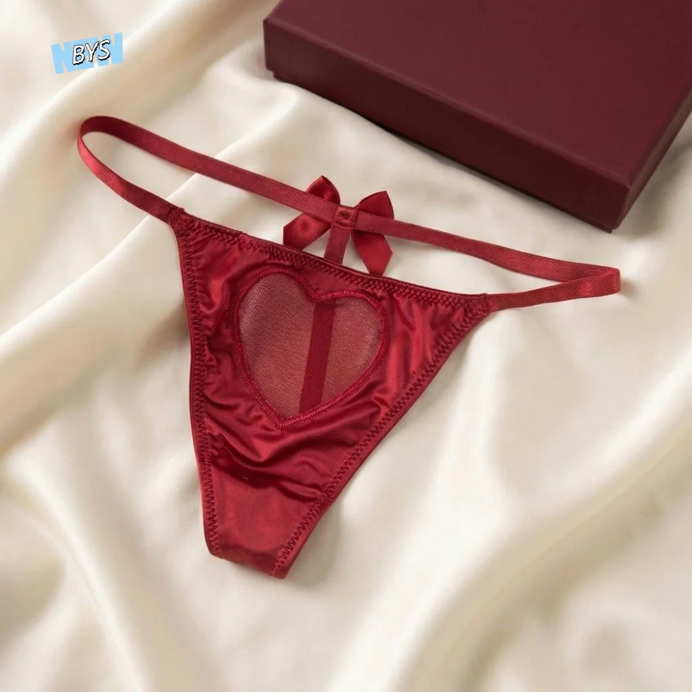 

Fashion Thin Strap Satin Mesh Women Thong Cotton Crotch Love Heart Satin Briefs Transparent Hollow-out T-Back Panties Girls