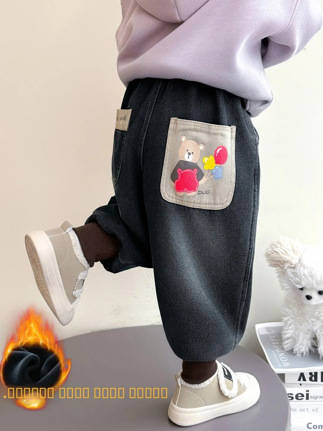 

Утепленные джинсовые брюки для детей с мультяшным медведем, зимний комплект, длинные штаны, джинсы для детей с флисовой подкладкой и манжетами