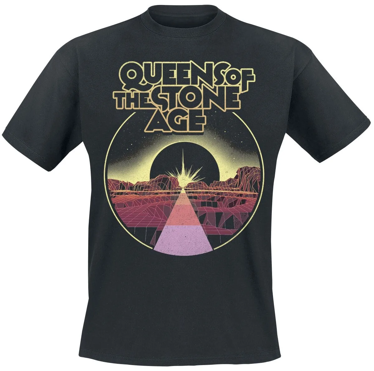 Queens of The Stone Age Retro Synthwave Tee Alt Rock T-Shirt with Desert Eclipse Print & Band Logo Band Fan Merch Men and Women