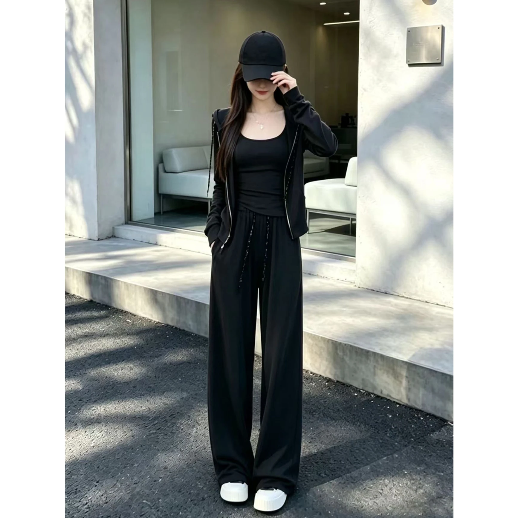 Fashionable Casual Women's Three-Piece Set Open Cardigan Sweater Wide Leg Pants Autumn 2026 New Style Comfortable Streetwear