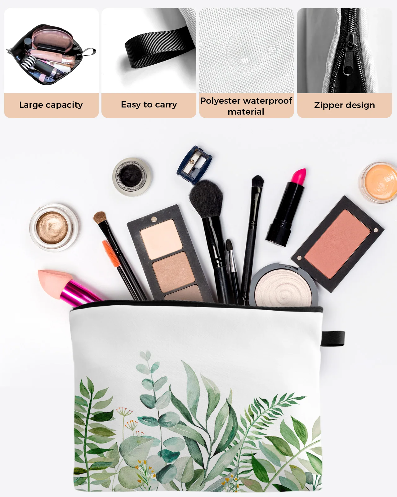 INS Style Tropical Plants Eucalyptus Leaves Makeup Bag Pouch Travel Essentials Women Cosmetic Bags Organizer Storage Pencil Case