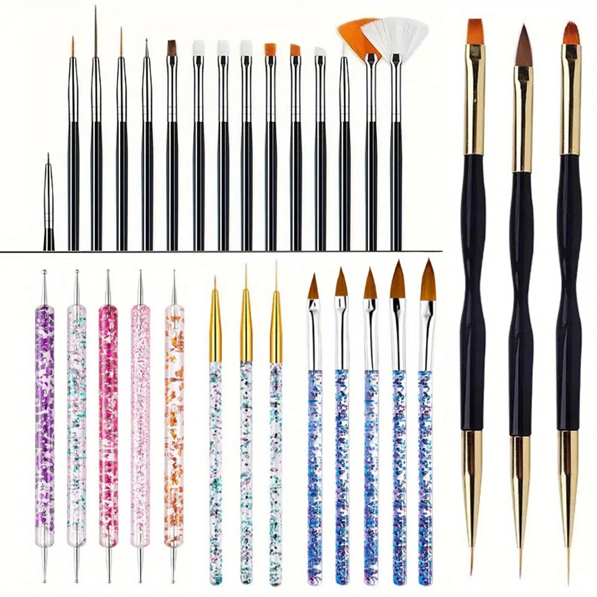 31Pcs Nail Art Brush Design Tip Painting Drawing Carving Dotting Pen FlatFan Liner Acrylic Gel UV Polish Manicure Tools