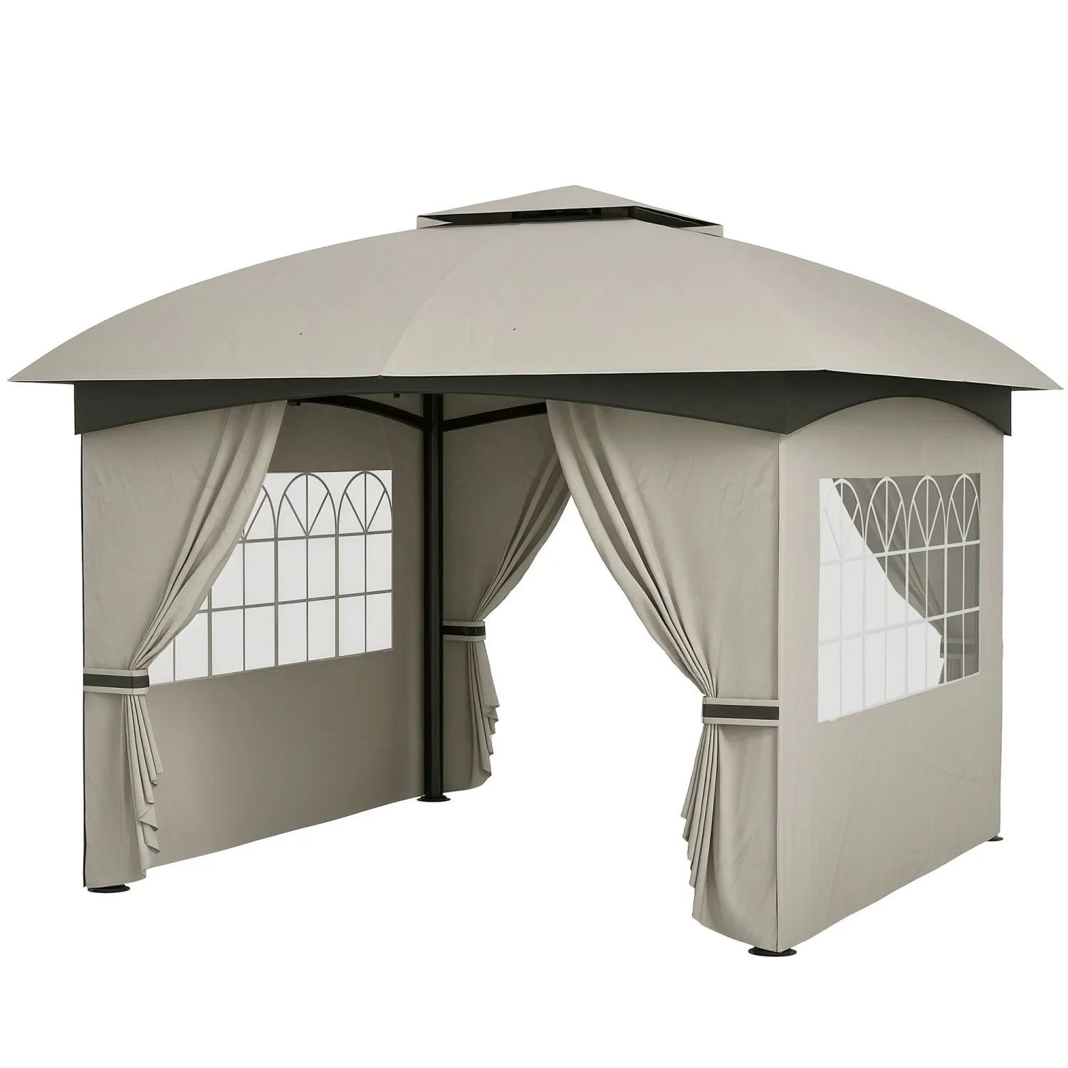 

Outsunny 11' x 11' Outdoor Gazebo, Double Roof Patio Gazebo with Curtains, Church Windows, Galvanized Steel Frame, Light Gray