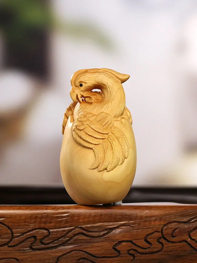 

8*4.6*4.6 CM Hand Carved Boxwood Carving - Phoenix in Egg