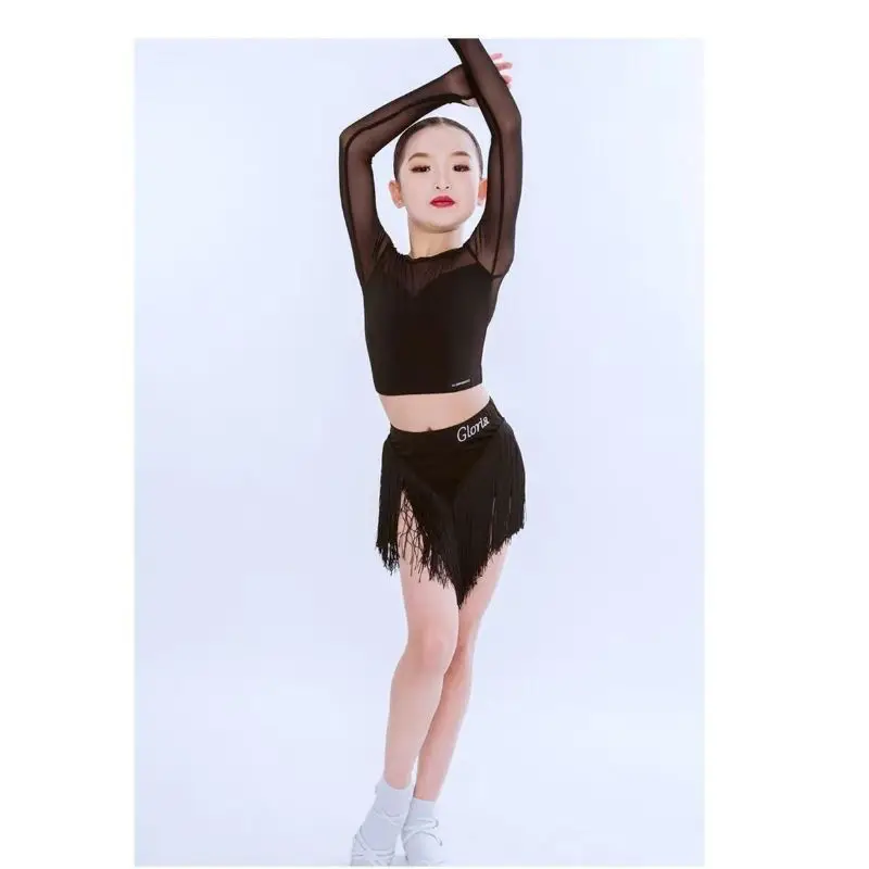 라틴 댄스 의상 여성용 메쉬 탑 프린지 스커트 바지 어린이 라틴 공연 연습복