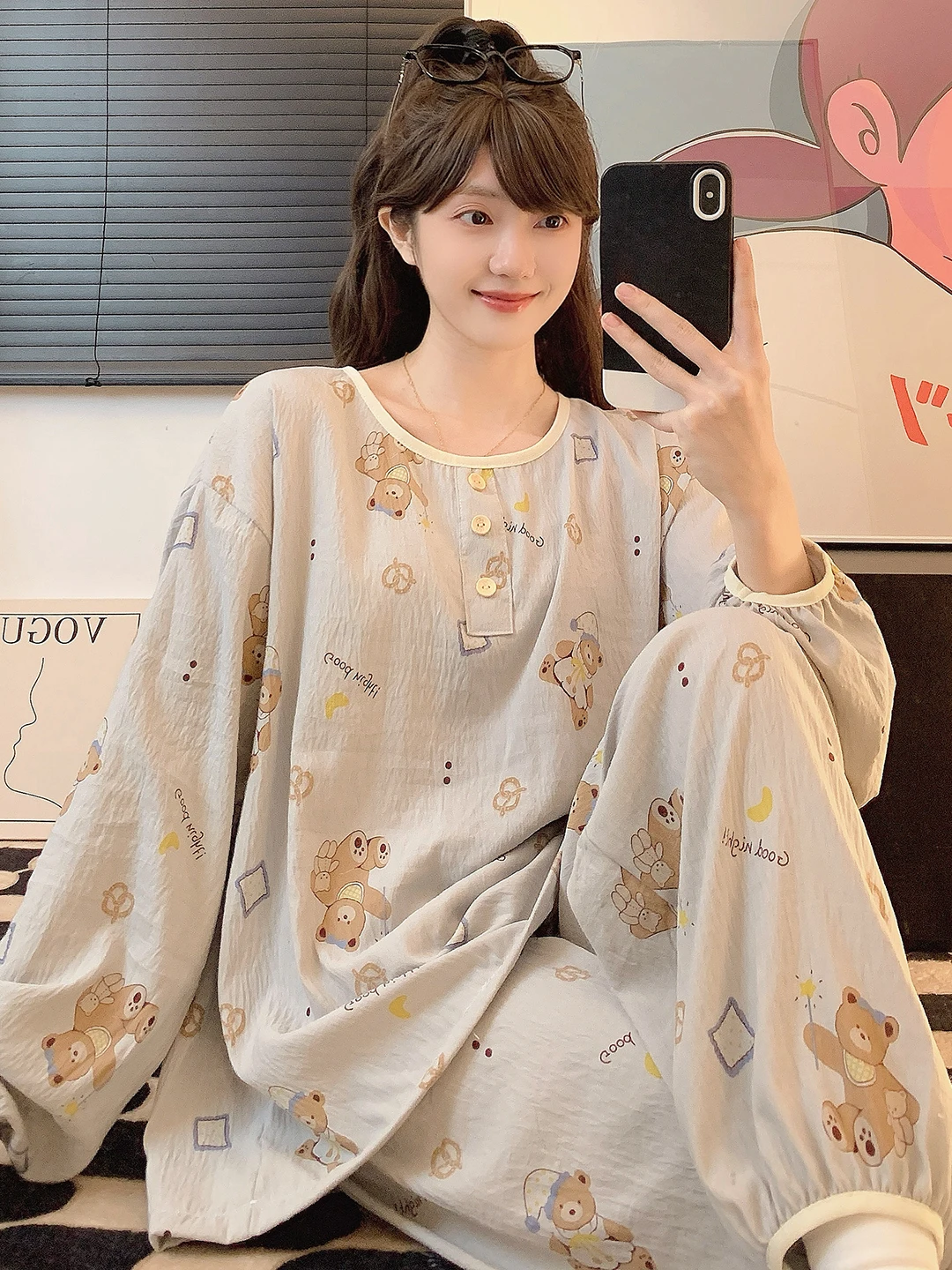 

plus Size Sleepwear Long Sleeve round Neck Loose Cartoon Bear Home Clothes Set for Heavy Women Comfortable Cloud Cotton Pajamas