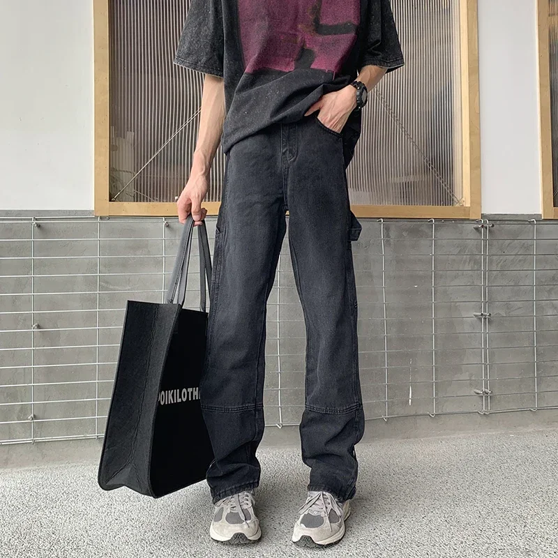 

2025 Zipper Button Jeans Design Black Jeans Fermentation Process for Slim Fit Men Clothing Wide Leg Pants