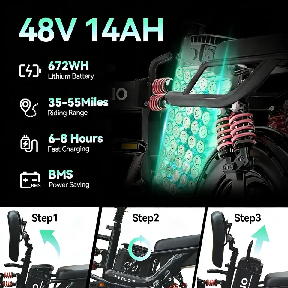 Folding Electric Bike, Electric Bicycle with 48V 14AH Removable Battery, Folding Electric Bike for Adults Teens,14'' Ebike image 2