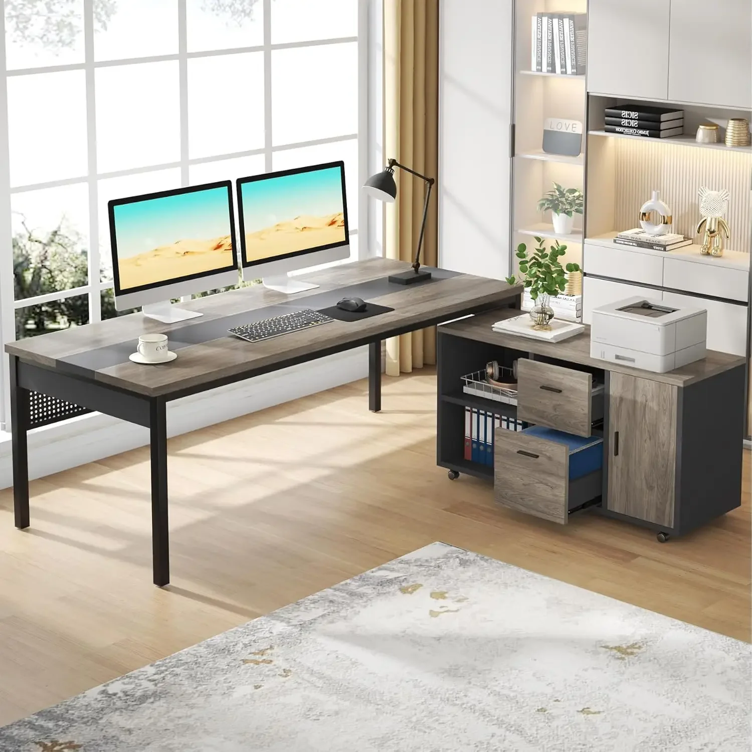 70.8" Large Executive Office Desk and 47" Lateral File Cabinet Combo, L-Shaped Computer Desk Business Furniture with Drawers