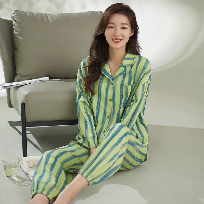 Long Sleeve Striped Pyjamas Women 95% Cotton Ladies Pajama Two Pieces Set Indoorwear Homewear Leisure Home Cloth At All Seasons